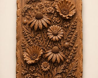 File STL per intaglio su legno di fiori selvatici / Design 3D a rilievo per fresatrice CNC / Decorazione murale floreale rustica / Targa botanica in legno, download digitale