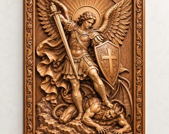 May include: A rectangular wooden wall plaque featuring a high-relief carving of an angel in armor holding a sword and a shield with a cross, standing over a horned figure. The frame is decorated with floral motifs and circular accents.