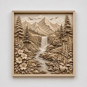 May include: A square wall art piece featuring a monochromatic beige relief carving of a mountain landscape. The scene depicts a central waterfall cascading into a rocky stream, surrounded by tall pine trees, blooming flowers, and flying birds.