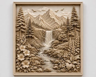 May include: A square wall art piece featuring a monochromatic beige relief carving of a mountain landscape. The scene depicts a central waterfall cascading into a rocky stream, surrounded by tall pine trees, blooming flowers, and flying birds.