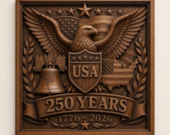 Archivo STL de relieve 3D del 250 aniversario de EE. UU. / Tallado en madera CNC de águila calva y campana de la libertad / Arte mural patriótico
