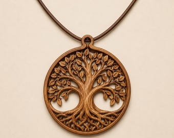 May include: A circular wooden pendant featuring an intricate, carved tree of life design with detailed branches, leaves, and roots, enclosed within a smooth wooden frame. The pendant is suspended from a simple, dark brown cord necklace.