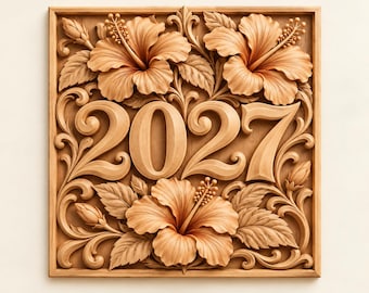 May include: A square wooden wall plaque featuring a relief carving of the number 2027 centered among detailed hibiscus flowers, buds, and swirling leaf patterns. The natural wood grain is visible throughout the entire carved surface.