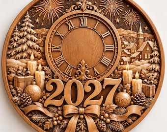 New Year 2027 Clock STL, Christmas Village 3D Relief Wall Art, CNC Wood Carving, Winter Decor