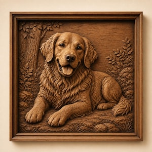 Könnte beinhalten: Ein quadratisches Wandbild aus Holz mit einer detaillierten Reliefschnitzerei eines liegenden Golden Retrievers. Der Hund ist mit geöffnetem Maul dargestellt, umgeben von geschnitztem Blattwerk und einem Baumstamm, eingefasst in einen Holzrahmen.