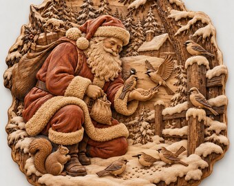 Santa Claus Feeding Birds STL, Christmas 3D Relief Wall Art, CNC Wood Carving, Winter Woodland Decor