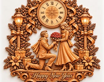 Happy New Year Couple STL, Romantic Proposal 3D Relief, CNC Wood Carving, Rose Bouquet Wall Art