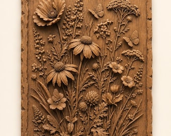 May include: A rectangular wooden wall plaque featuring a detailed relief carving of a wildflower meadow. The design includes various blossoms, tall grasses, and three butterflies, all rendered in a natural brown wood tone with a textured border.