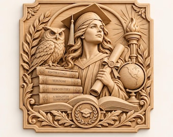 May include: A square wooden wall plaque featuring a carved relief of a graduate wearing a cap, holding a diploma. An owl sits on a stack of four books labeled Knowledge, Wisdom, Discovery, and A Brighter Tomorrow. A globe and torch are also depicted.