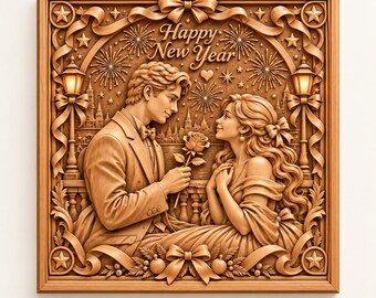 Happy New Year Couple STL, Romantic 3D Relief Wall Art, CNC Wood Carving, Love Couple Plaque