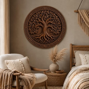 May include: A circular wooden wall art piece featuring a detailed relief carving of a tree with intricate roots and branches, enclosed within a decorative border with a woven pattern, mounted on a wall above a chair and a bedside table.
