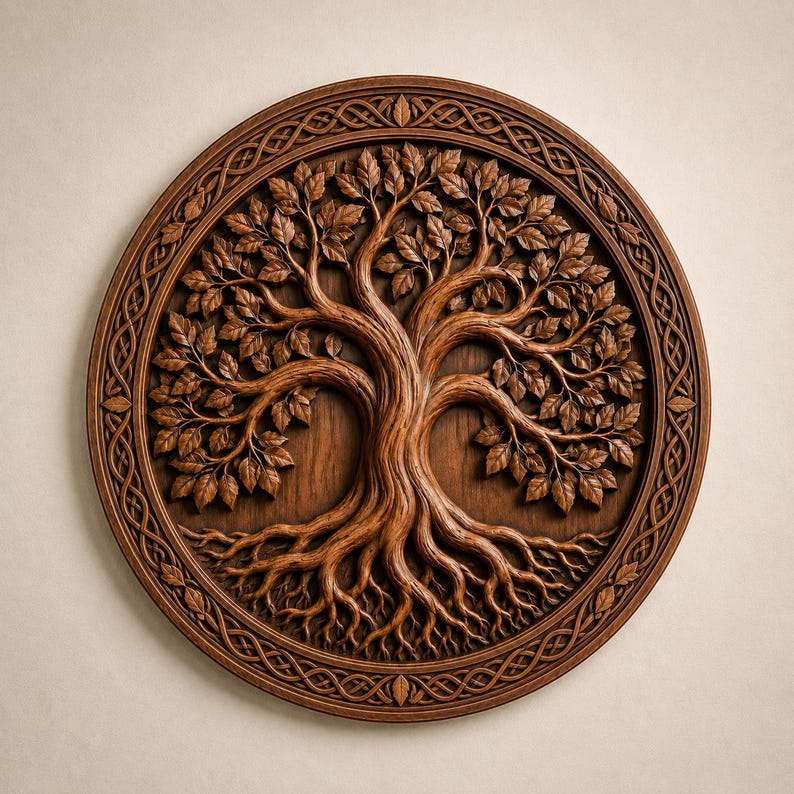 May include: A circular wooden wall plaque featuring a detailed relief carving of a tree with expansive branches and visible roots. The outer border is decorated with an intricate woven knot pattern, and the entire piece has a rich brown finish.