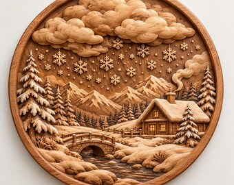Winter Snowfall Mountain STL, Snowy Cabin 3D Relief Wall Art, CNC Wood Carving, Winter Landscape Decor