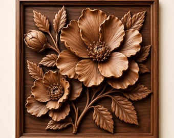 Floral Rose 3D Relief STL File | Botanical Flower CNC Wood Carving Design | Rustic Floral Wall Art