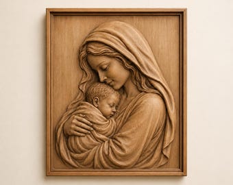 May include: A rectangular wooden wall plaque featuring a detailed relief carving of a figure with a head covering holding a swaddled infant close to their chest. The artwork is rendered in a monochromatic light brown wood tone with a smooth finish.