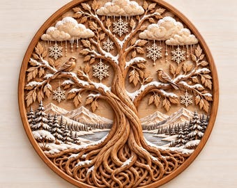 Winter Tree of Life STL, Snowflake 3D Relief Wall Art, CNC Wood Carving, Winter Nature Decor