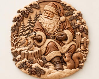 May include: A circular wooden wall carving featuring Santa Claus with a long beard, wearing a fur-trimmed coat and hat. He is surrounded by pine trees, snow-covered branches, pinecones, a wooden fence, small birds, and a squirrel.