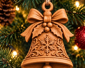 May include: A light brown wooden bell ornament featuring a carved snowflake design in the center, flanked by scrolling patterns. The bell is topped with a carved bow and holly berries, and it hangs from a natural jute twine loop for display.