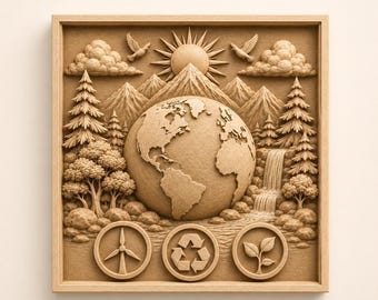 May include: A square wooden wall art piece featuring a relief carving of the Earth centered among mountains, pine trees, and a waterfall. Above are clouds, a sun, and two birds. Below are three circular icons depicting a wind turbine, a recycling symbol, and a small plant.