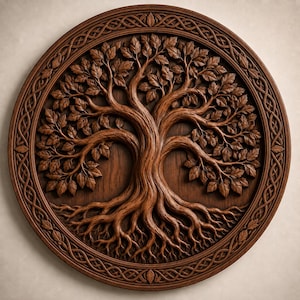 May include: A circular wooden wall plaque featuring a detailed relief carving of a tree with spreading branches, numerous leaves, and exposed roots. The outer border of the plaque is decorated with an intricate, continuous woven knot pattern.