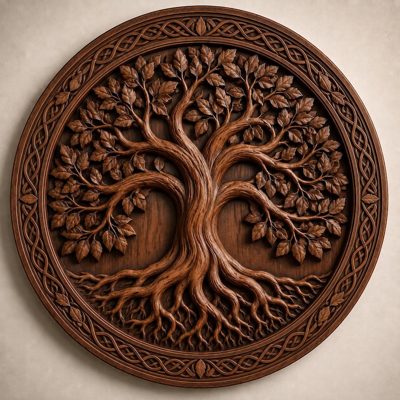 May include: A circular wooden wall plaque featuring a detailed relief carving of a tree with spreading branches, numerous leaves, and exposed roots. The outer border of the plaque is decorated with an intricate, continuous woven knot pattern.