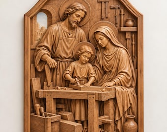 May include: A detailed wood carving depicting a family scene in a workshop. The relief shows three figures at a workbench with tools, wood shavings, and a small window view. The arched frame is crafted from light brown wood with a natural grain finish.