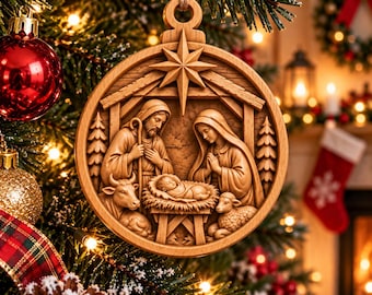 May include: A round, light-brown wooden Christmas ornament featuring a detailed relief carving of a nativity scene. The design depicts a central star above a stable with figures of a person, another person, and a baby in a manger, with a cow and a sheep.