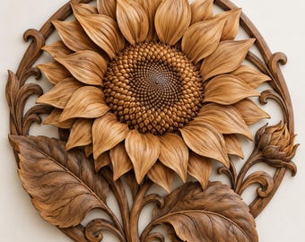 May include: A circular wooden wall carving featuring a large, detailed sunflower with textured petals and a central seed head. The design includes two prominent leaves and a small bud, all framed within a curved, vine-like wooden border.