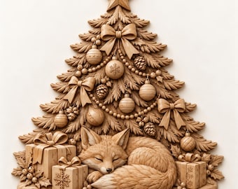 May include: A light brown wooden wall carving of a Christmas tree decorated with ornaments, bows, and pinecones. A sleeping fox rests at the base of the tree, nestled between two wrapped gift boxes with ribbon details and snowflake patterns.