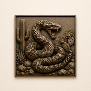 May include: A square wall plaque featuring a relief sculpture of a coiled rattlesnake with an open mouth and visible fangs. The scene includes a saguaro cactus, prickly pear cacti, and rocky terrain, all rendered in a monochromatic brown tone.