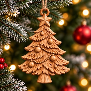 May include: A carved wooden Christmas tree ornament featuring a star at the top, draped with beaded garlands and small spherical baubles. The ornament is suspended by a simple twine loop, showcasing detailed wood grain textures throughout the design.