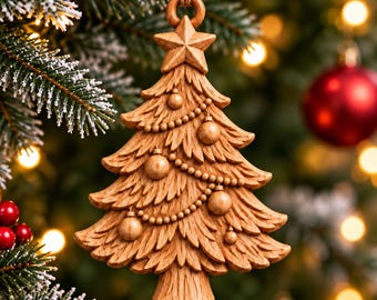 May include: A carved wooden Christmas tree ornament featuring a star at the top, draped with beaded garlands and small spherical baubles. The ornament is suspended by a simple twine loop, showcasing detailed wood grain textures throughout the design.
