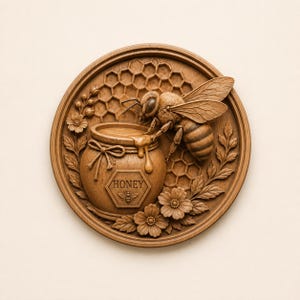 Könnte beinhalten: Eine kreisförmige Wandplatte aus Holz mit einer detaillierten Reliefschnitzerei einer Honigbiene auf einem Glas. Das Glas ist mit dem Wort HONEY und einem kleinen Bienensymbol versehen. Der Hintergrund zeigt ein Wabenmuster, Blumen und Blätter.
