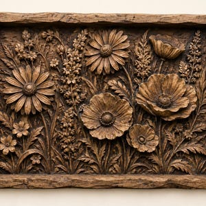 May include: A rectangular wooden wall plaque featuring a detailed relief carving of various wildflowers, including large daisies and poppies, surrounded by tall grasses and foliage, all finished in a natural brown wood tone with a textured border.