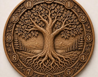 May include: A circular wall clock featuring a detailed wood-carved relief of a large tree with expansive roots and branches. The background depicts a landscape with mountains and pine trees. The numbers 1 through 12 are set in circular frames.