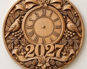 New Year 2027 Clock STL, Bird 3D Relief Wall Art, CNC Wood Carving, Rustic Holiday Decor