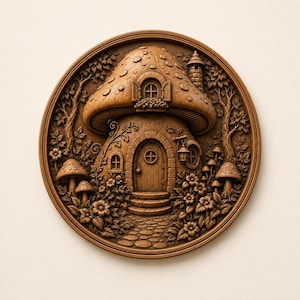 May include: A circular wooden wall plaque featuring a detailed relief carving of a mushroom-shaped house. The design includes a central arched door, stone steps, small windows, a chimney, and surrounding forest foliage with smaller mushrooms.