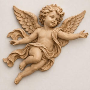 Könnte beinhalten: Eine hellbraune Holzwandschnitzerei eines Cherubs mit lockigem Haar und gefiederten Flügeln. Die Figur ist in einer Flugpose mit ausgestreckten Armen dargestellt, wobei ein Tuch um den Körper gewickelt ist, das detaillierte Holzmaserungen zeigt.