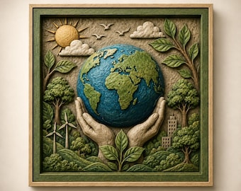 May include: A square framed wall art piece featuring a textured relief sculpture of two hands cradling a blue and green globe. The scene includes a yellow sun, white clouds, birds, green trees, wind turbines, and buildings in a natural landscape.