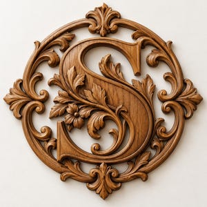 May include: A circular wooden wall plaque featuring a carved letter S in the center. The letter is surrounded by intricate, symmetrical scrollwork and leaf motifs. The wood has a medium brown tone with a visible grain and smooth finish.