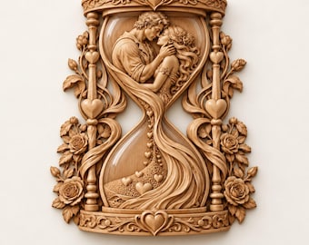 May include: A light brown wooden wall carving shaped like an hourglass. The top section features a couple embracing, while the bottom section contains flowing sand and heart shapes. The frame is decorated with carved roses and heart motifs.