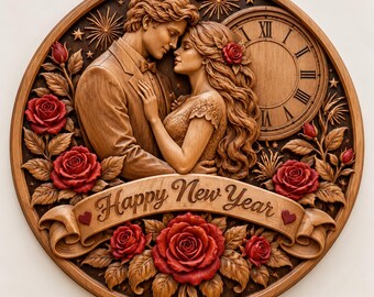 Romantic Couple STL File, Happy New Year 3D Relief Wall Art, Red Rose CNC Wood Carving, Clock Plaque