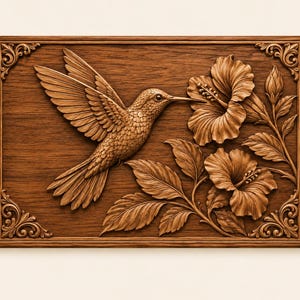 May include: A rectangular wooden wall plaque featuring a detailed relief carving of a hummingbird in flight approaching two hibiscus flowers. The natural brown wood grain is visible throughout the piece, which is framed by ornate corner scrollwork.