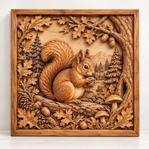 May include: A square wooden wall art piece featuring a detailed relief carving of a squirrel holding an acorn. The scene includes oak leaves, pine cones, mushrooms, and a forest landscape with mountains in the background, all framed in wood.