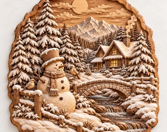 May include: A wooden wall plaque featuring a relief carving of a winter landscape. The scene includes a snowman wearing a top hat and scarf, a log cabin, a stone bridge over a flowing stream, snow-covered pine trees, and mountains.