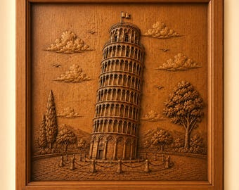 May include: A square wooden wall art piece featuring a detailed relief carving of the Leaning Tower of Pisa. The scene includes carved clouds, birds, cypress trees, and a deciduous tree surrounding the tower, all enclosed in a matching wood frame.