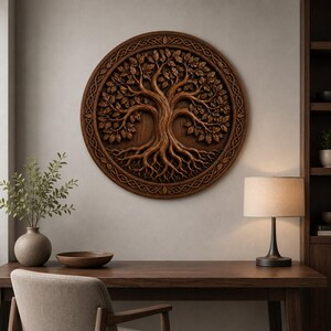 May include: A circular wooden wall art piece featuring a detailed relief carving of a tree with intricate branches and roots. The design is enclosed within a decorative border with a woven pattern, showcasing a rich brown wood grain finish.