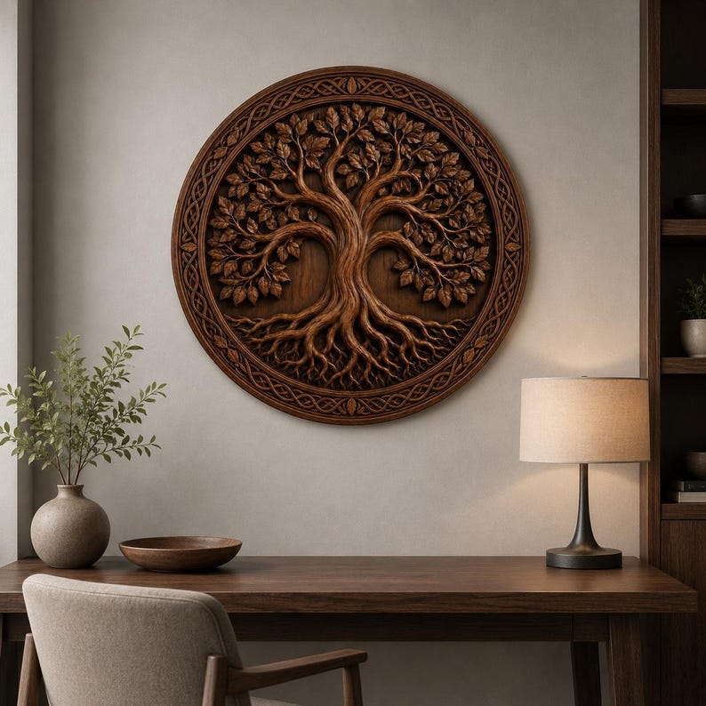 May include: A circular wooden wall art piece featuring a detailed relief carving of a tree with intricate branches and roots. The design is enclosed within a decorative border with a woven pattern, showcasing a rich brown wood grain finish.
