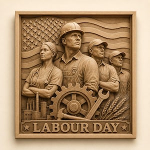 May include: A square wooden wall plaque featuring a relief carving of four workers, including a healthcare professional with a stethoscope and three laborers in workwear. A large gear, wrench, hammer, factory, and wheat stalks are depicted below.