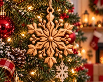 May include: A light brown wooden snowflake ornament with intricate geometric facets and small spherical accents, suspended by a jute twine loop. The ornament features a symmetrical, multi-pointed star design with a central circular hub.